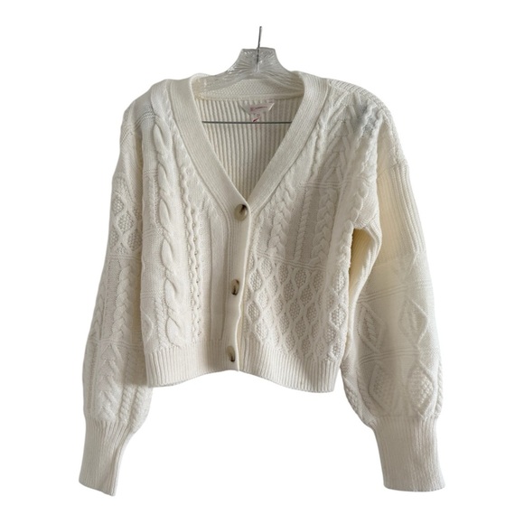 NO BOUNDARIES Junior's Cream V-Neck Button Cable Cardigan Sweater-SMALL (3-5) - Picture 1 of 9